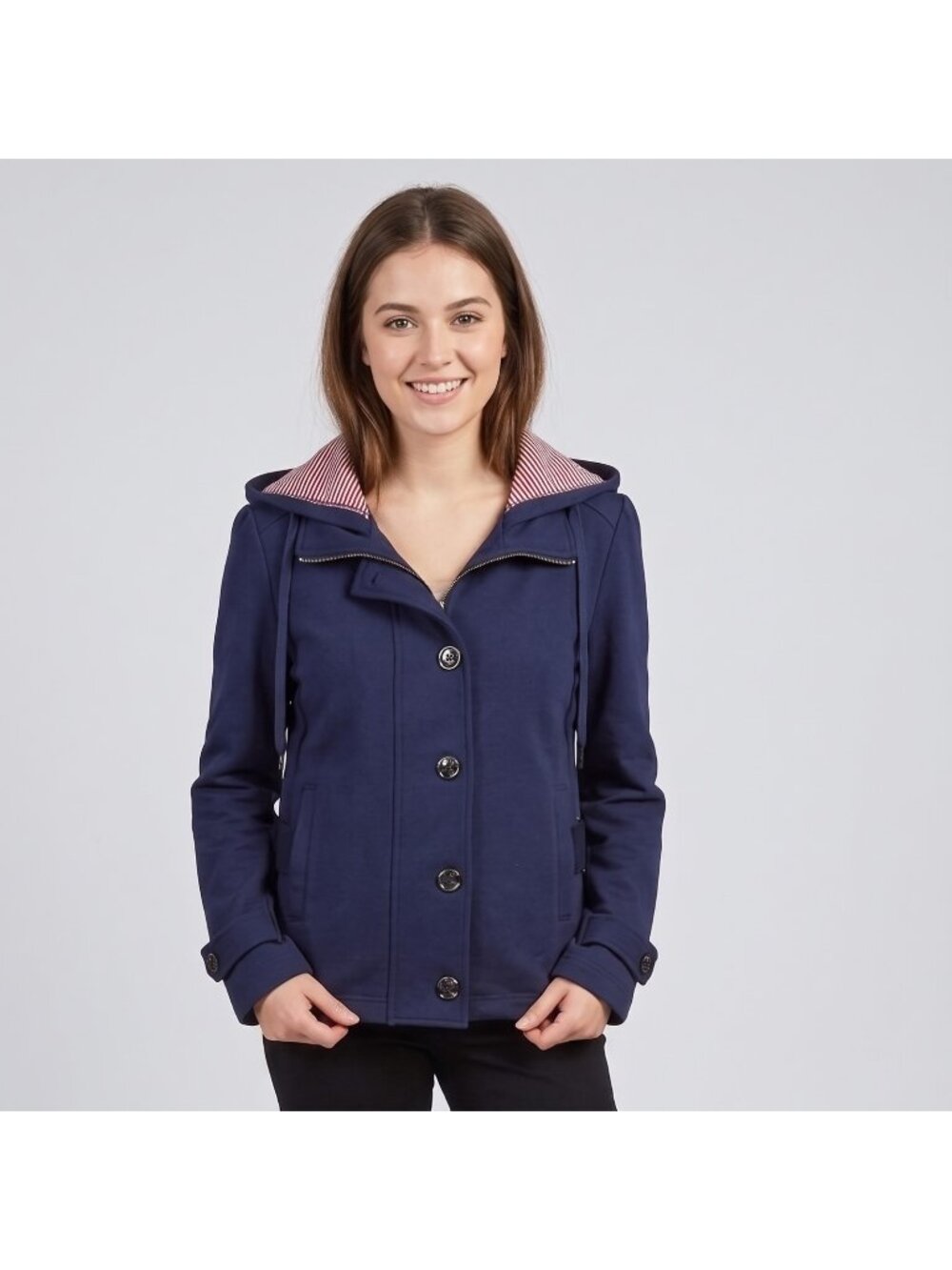 Shade Women's Navy Blue Soft Hoodie Jacket with Striped Hood in size Medium